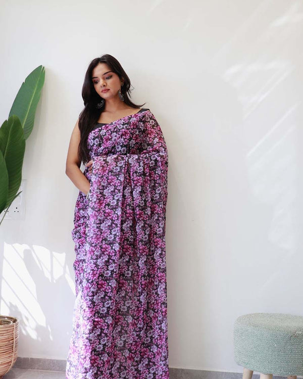 Light Purple Color 1-Minute Ready To Wear Georgette Saree With Blouse Piece