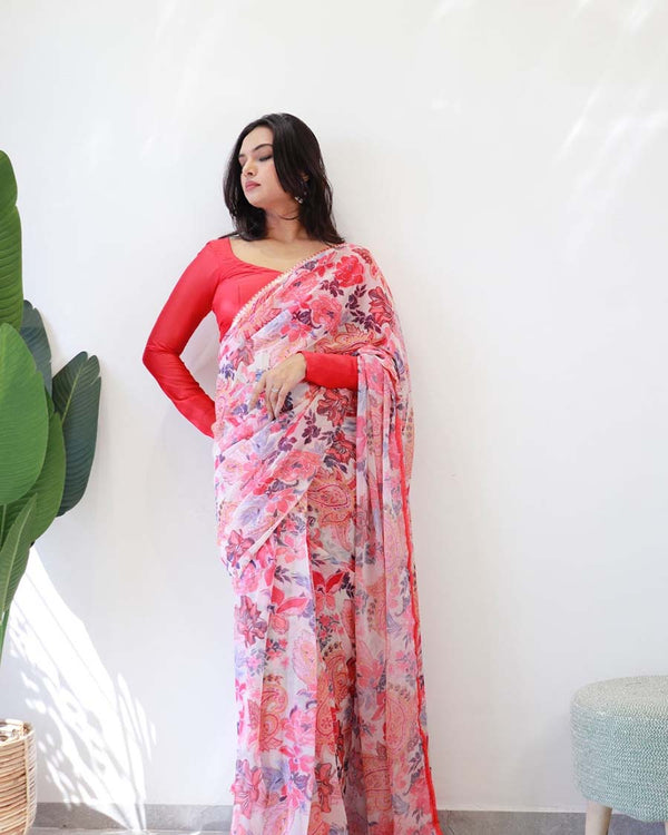 Tometo Red Color 1-Minute Ready To Wear Georgette Saree With Blouse Piece