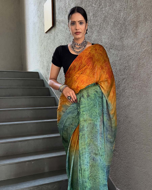 Orange And Green Color 1-Minute Ready To Wear Naylon Saree With Blouse Piece