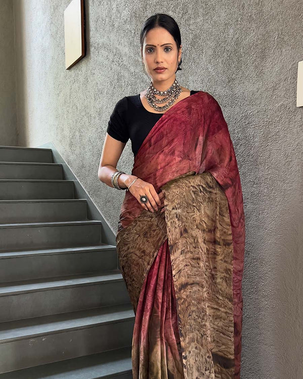 Marron And Brown Color 1-Minute Ready To Wear Naylon Saree With Blouse Piece