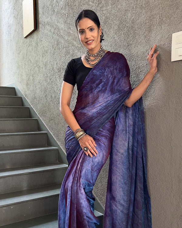 Navy Blue Color 1-Minute Ready To Wear Naylon Saree With Blouse Piece