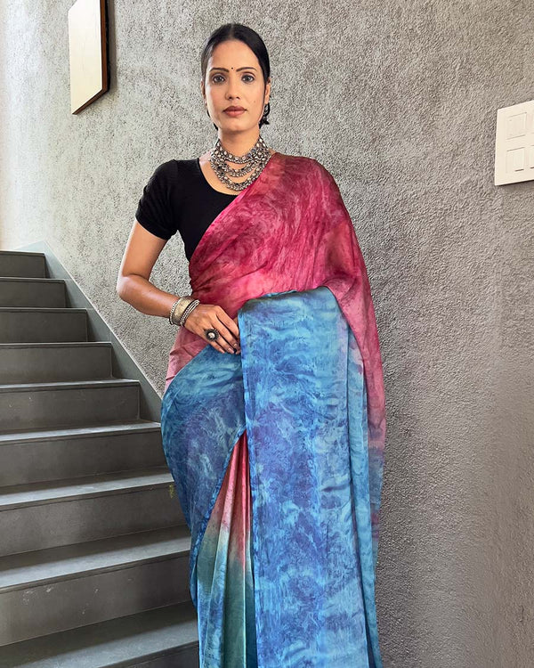 Pink And Blue Color 1-Minute Ready To Wear Naylon Saree With Blouse Piece