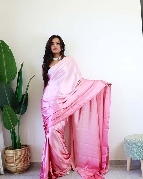 Calm Pink Colour 1-Minute Ready To Wear Chiffon Saree With Blouse Piece