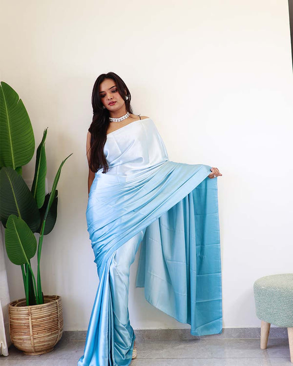 Sky Blue Colour 1-Minute Ready To Wear Chiffon Saree With Blouse Piece