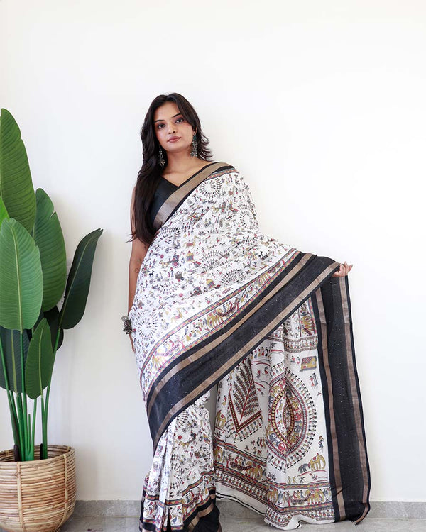 White Colour 1-Minute Ready To Wear Soft Cotton Silk Saree With Blouse Piece