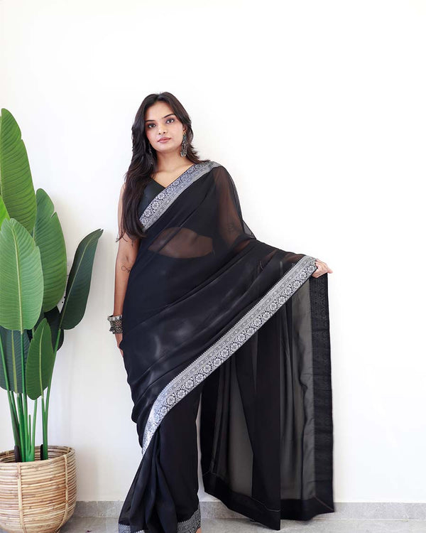 Black Colour 1-Minute Ready To Wear Georgette Saree With Blouse Piece