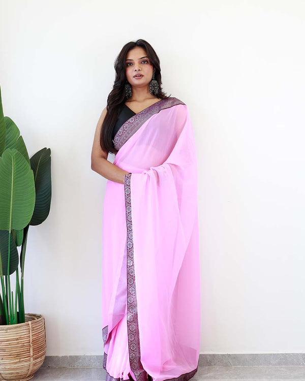 Pink Colour 1-Minute Ready To Wear Georgette Saree With Blouse Piece