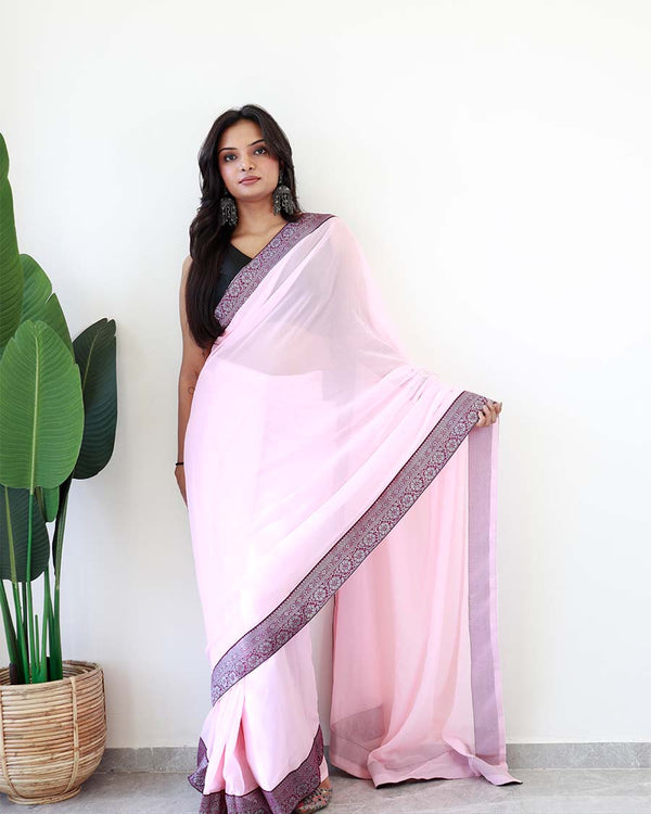 Calm Pink Colour 1-Minute Ready To Wear Georgette Saree With Blouse Piece