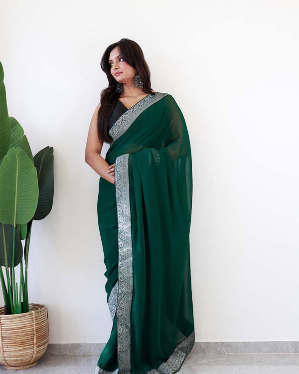 Green Colour 1-Minute Ready To Wear Georgette Saree With Blouse Piece