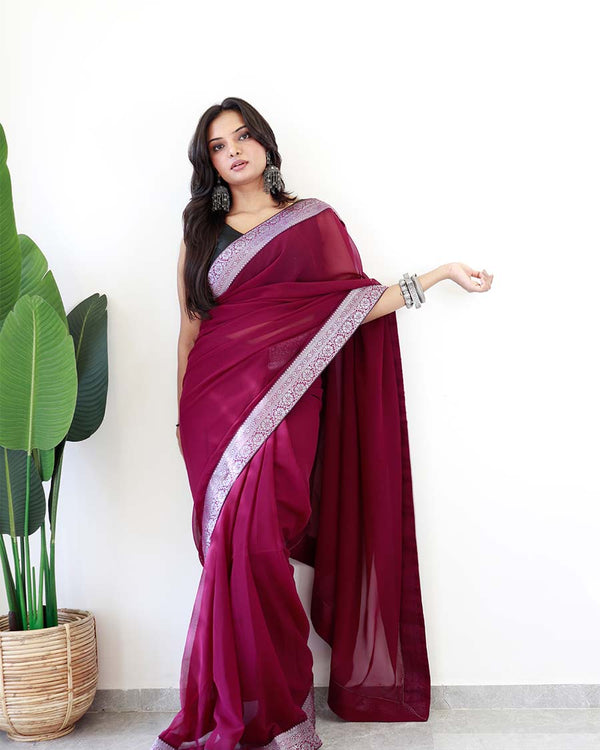 Wine Colour 1-Minute Ready To Wear Georgette Saree With Blouse Piece