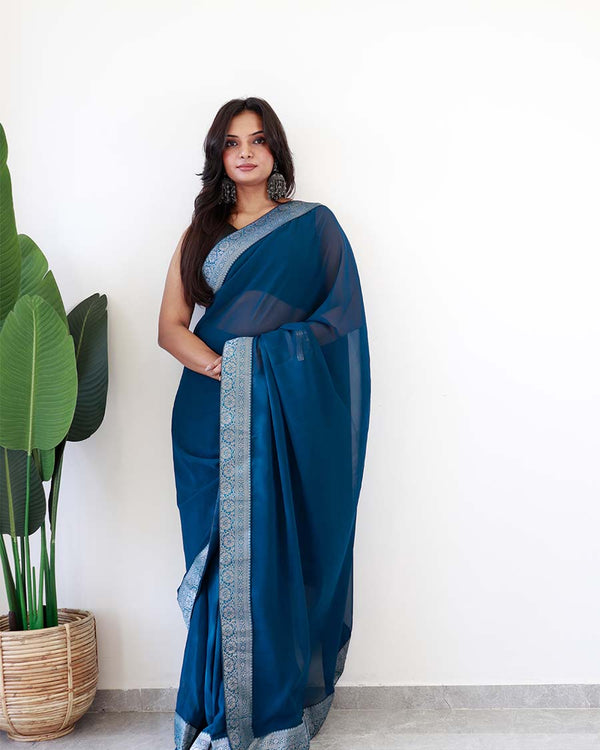 Rama Colour 1-Minute Ready To Wear Georgette Saree With Blouse Piece