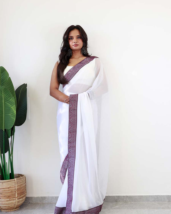 White Colour 1-Minute Ready To Wear Georgette Saree With Blouse Piece