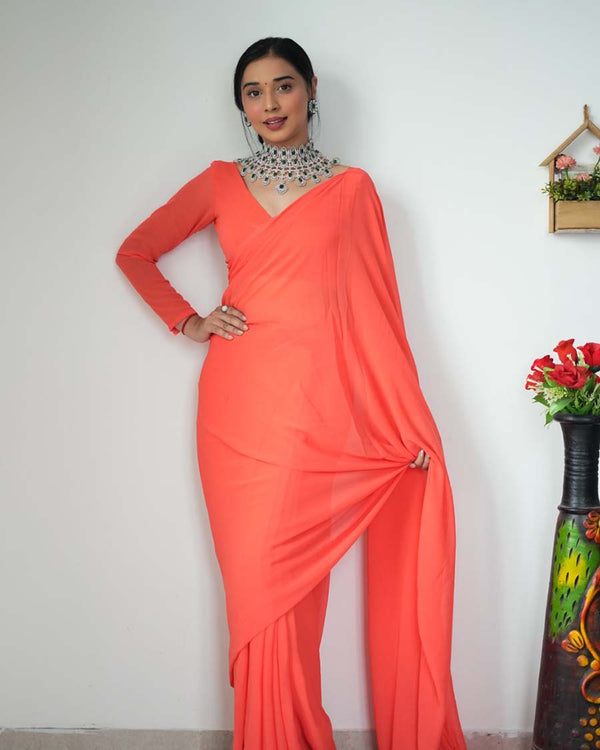 Orange Color 1-Minute Ready To Wear Georgette Saree With Blouse Piece