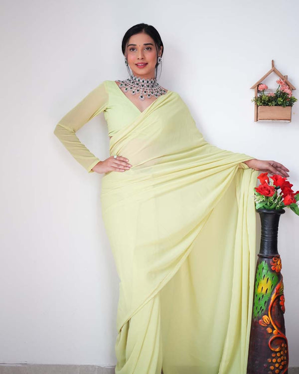 Light Green Color 1-Minute Ready To Wear Georgette Saree With Blouse Piece