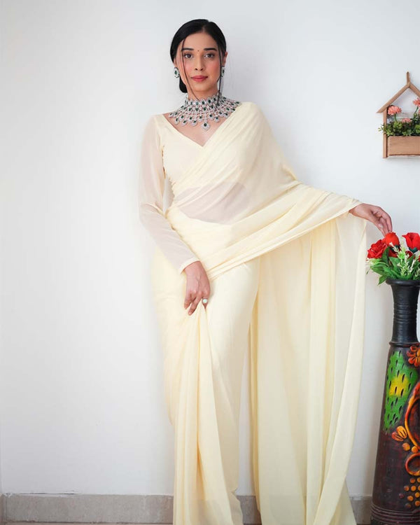 Light Yellow Color 1-Minute Ready To Wear Georgette Saree With Blouse Piece