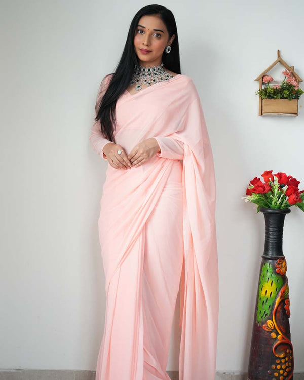 Pink Color 1-Minute Ready To Wear Georgette Saree With Blouse Piece