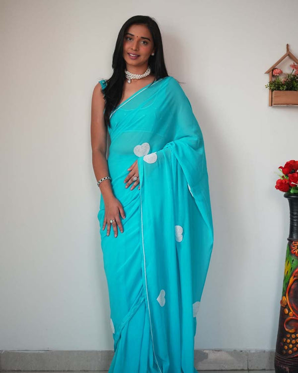 Bottle Green Color 1-Minute Ready To Wear Georgette Saree With Blouse Piece