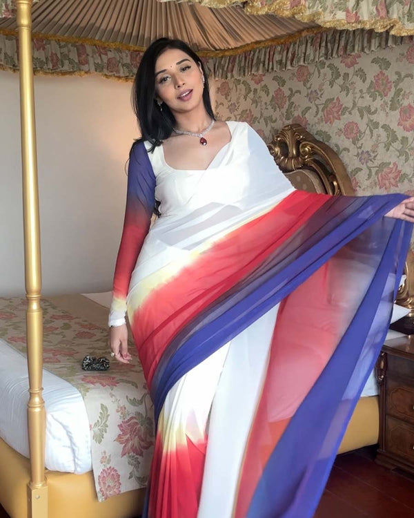 White Color 1-Minute Ready To Wear Georgette Saree With Blouse Piece