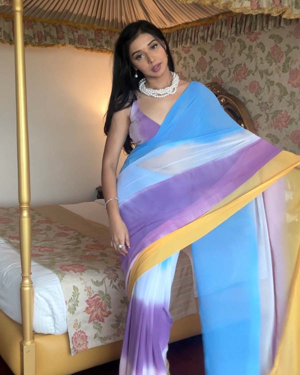 Multi Color 1-Minute Ready To Wear Georgette Saree With Blouse Piece