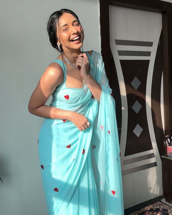 Sky Blue Color 1-Minute Ready To Wear Georgette Saree With Blouse Piece
