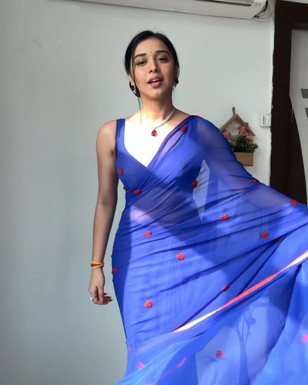 Blue Color 1-Minute Ready To Wear Georgette Saree With Blouse Piece