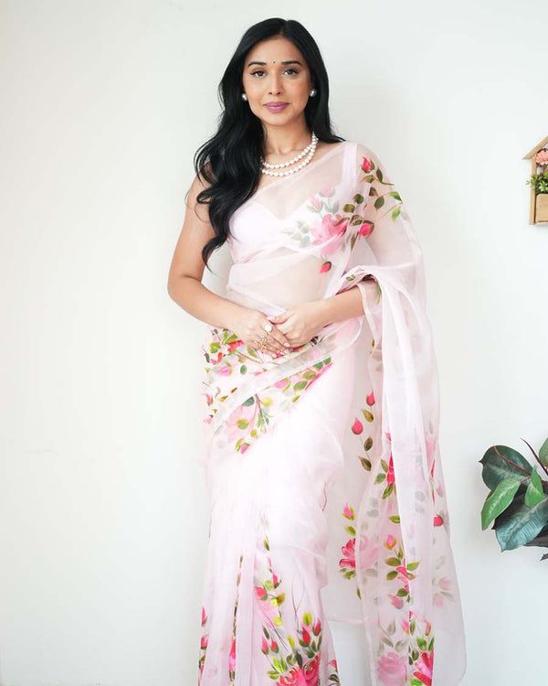 Calm Pink Color 1-Minute Ready To Wear Organza Saree With Blouse Piece
