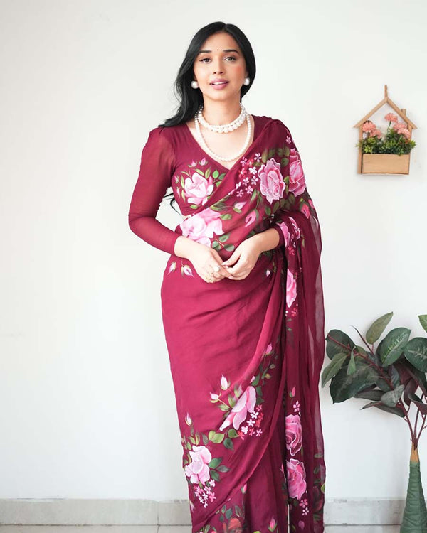 Marron Color 1-Minute Ready To Wear Georgette Saree With Blouse Piece