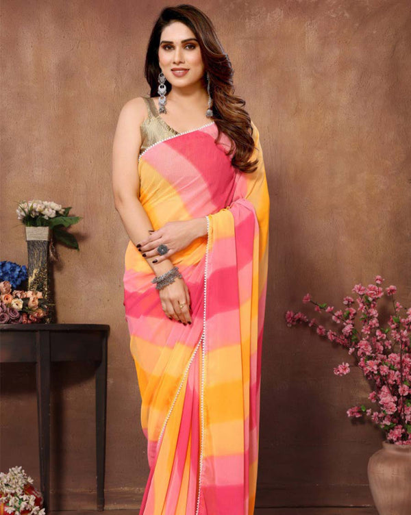 Yellow & Pink Color 1-Minute Ready To Wear Georgette Saree With Blouse Piece