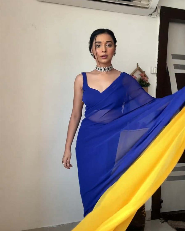 Navy Blue And Yellow Color 1-Minute Ready To Wear Georgette Saree With Blouse Piece