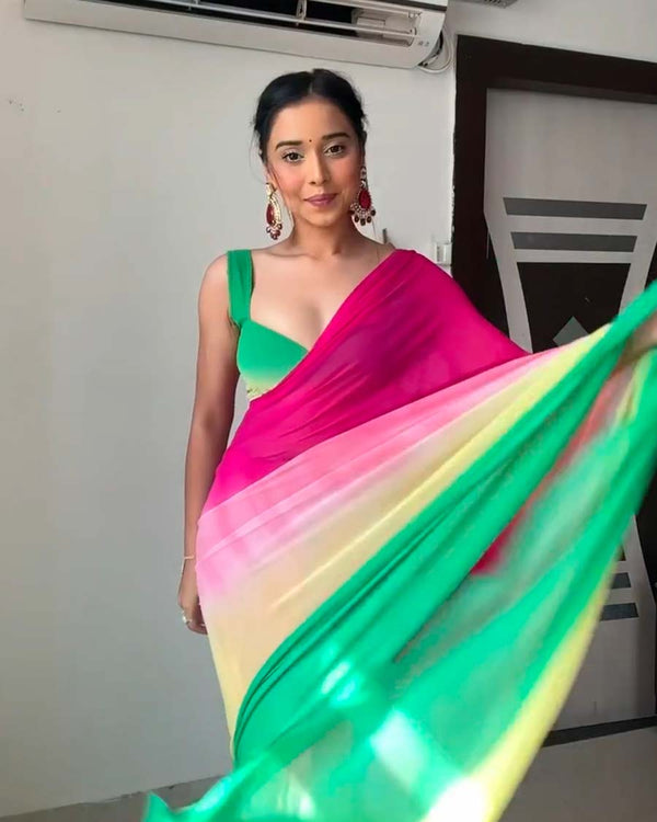 Dual Colour 1-Minute Ready To Wear Georgette Saree With Blouse Piece