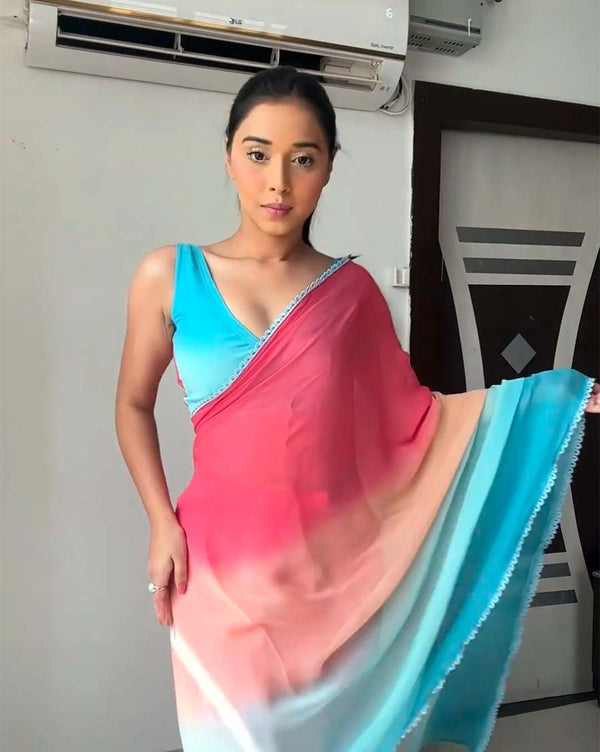Dual Colour 1-Minute Ready To Wear Georgette Saree With Blouse Piece
