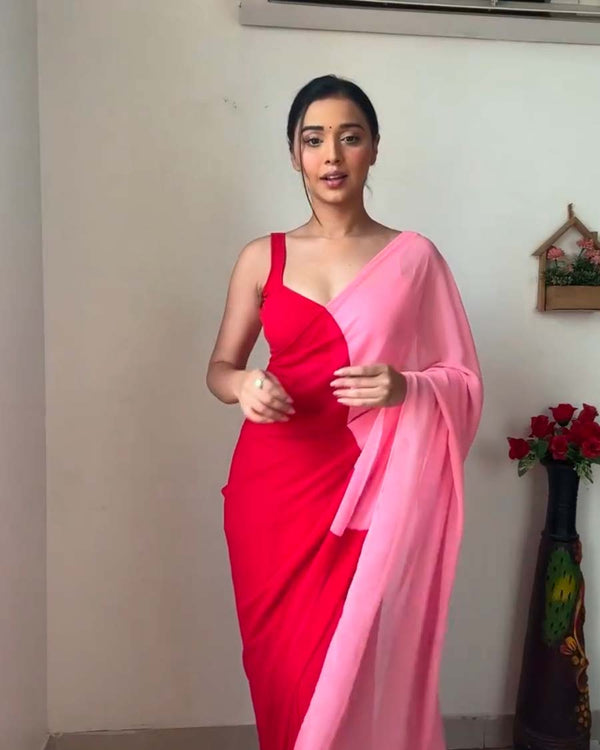 Red Colour 1-Minute Ready To Wear Georgette Saree With Blouse Piece