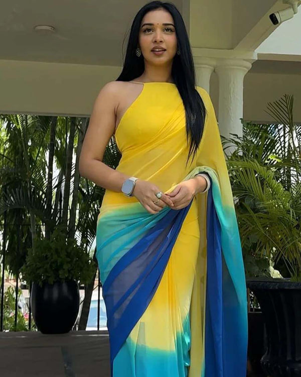 Yellow And Blue Colour 1-Minute Ready To Wear Georgette Saree With Blouse Piece