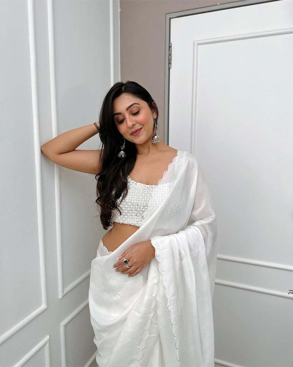 White Color 1-Minute Ready To Wear Georgette Saree With Blouse Piece