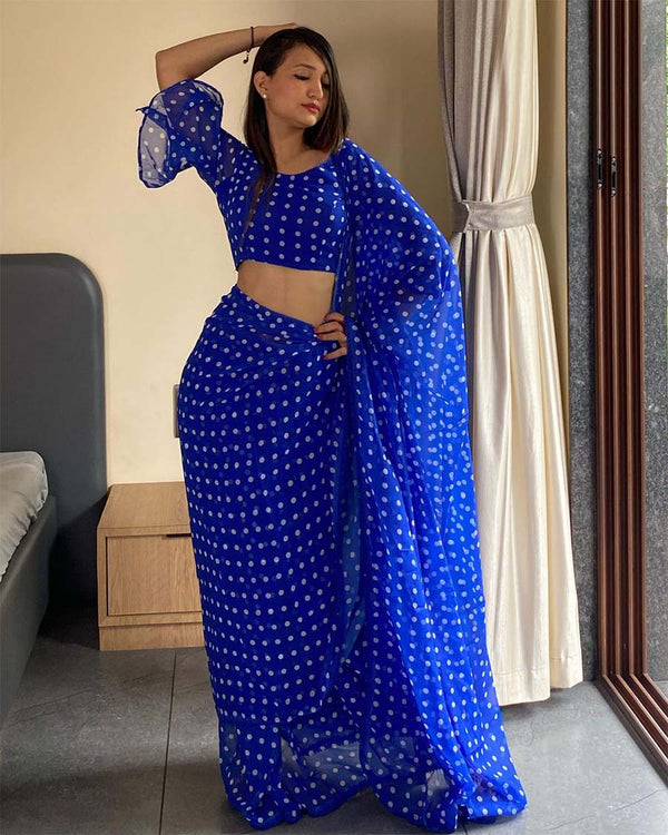 Blue Color 1-Minute Ready To Wear Georgette Saree With Blouse Piece