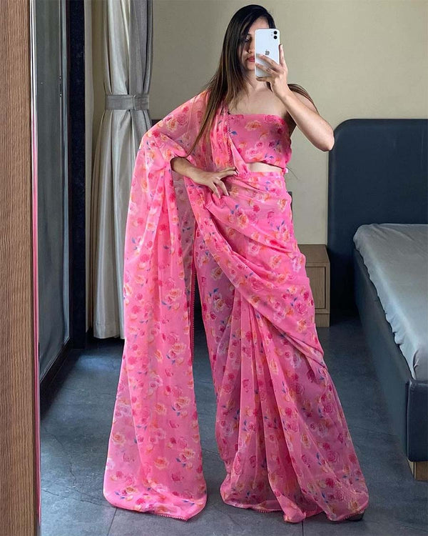 Pink Color 1-Minute Ready To Wear Georgette Saree With Blouse Piece