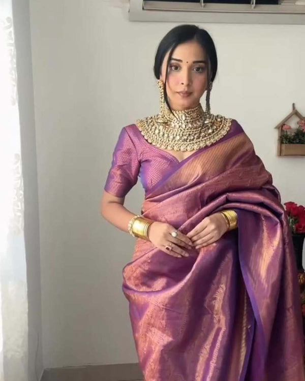 Purple Color Ready to Wear Soft Banarasi Silk Saree with Golden Zari Work