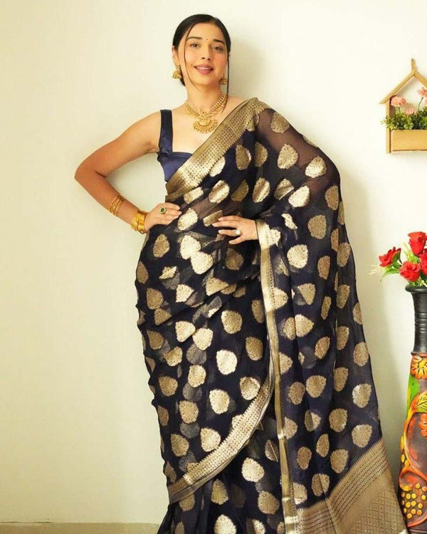 Black Color Ready To Wear Soft Banarasi Silk Saree With Golden Zari Work