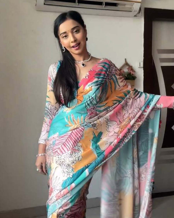 Multi Color 1-Minute Ready To Wear Georgette Saree With Blouse Piece
