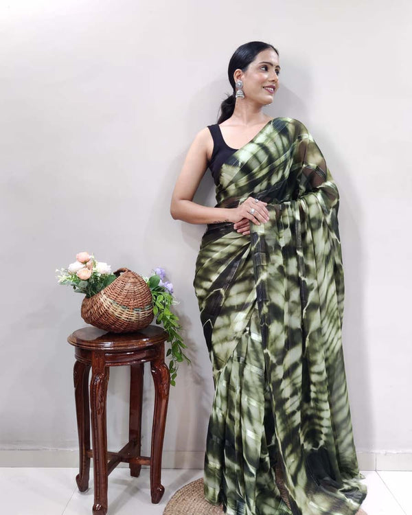 Green Color 1-Minute Ready To Wear Georgette Saree With Blouse Piece