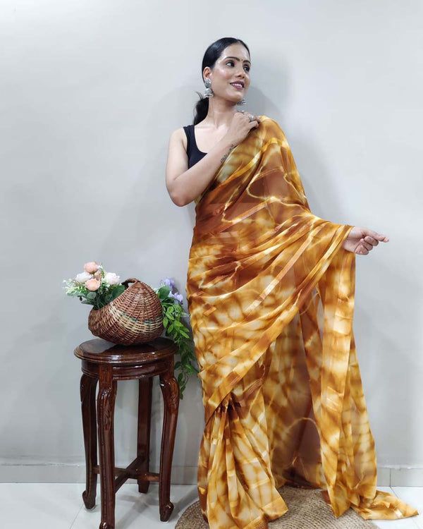 Yellow Color 1-Minute Ready To Wear Georgette Saree With Blouse Piece
