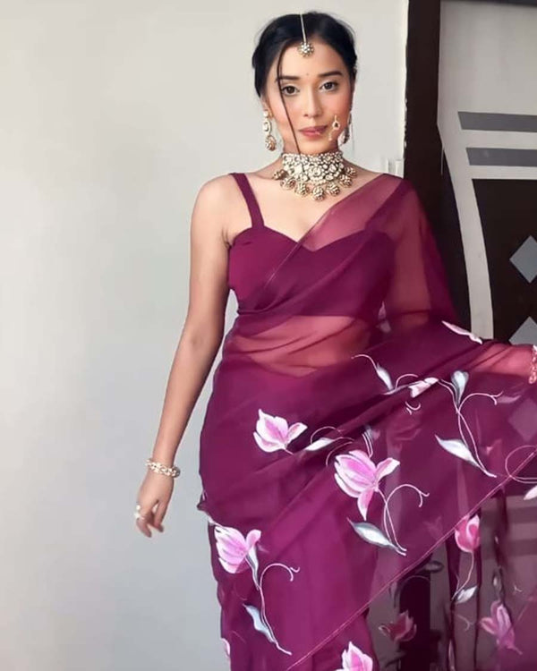 Purple Color 1-Minute Ready To Wear Organza Saree With Blouse Piece