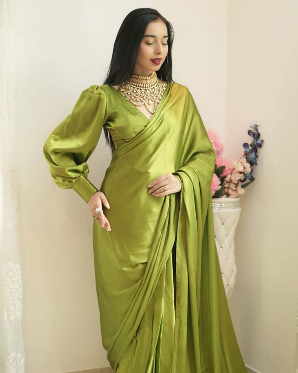 Green Color 1-Minute Ready To Wear Naylon Saree With Blouse Piece