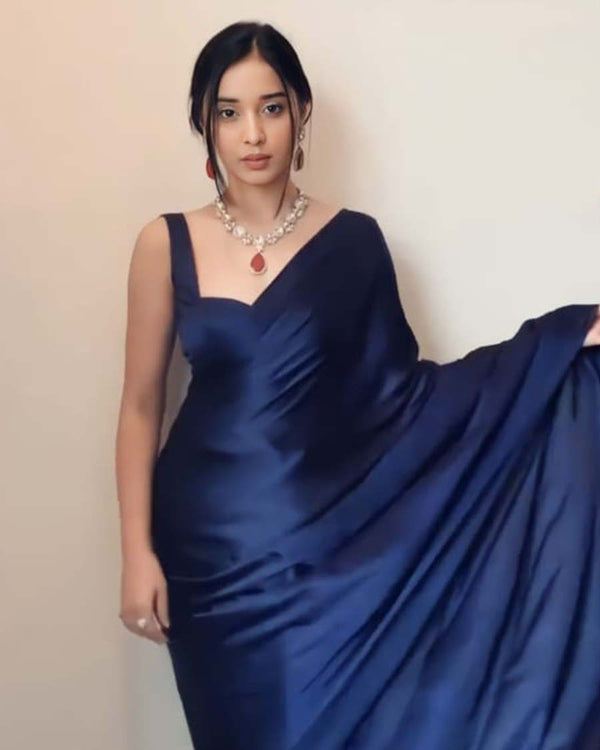 Navy Blue Color 1-Minute Ready To Wear Naylon Saree With Blouse Piece