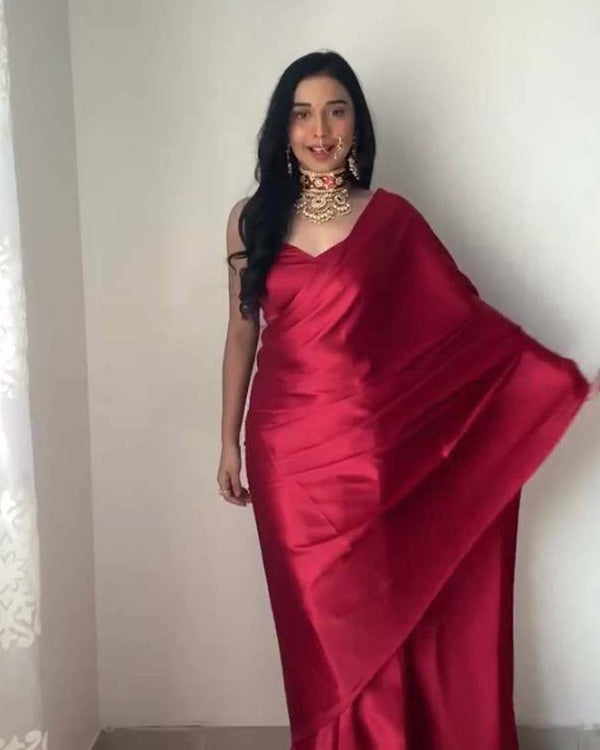 Red Color 1-Minute Ready To Wear Naylon Saree With Blouse Piece