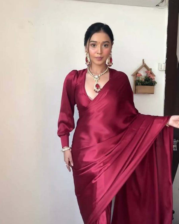 Marron Color 1-Minute Ready To Wear Georgette Saree With Blouse Piece
