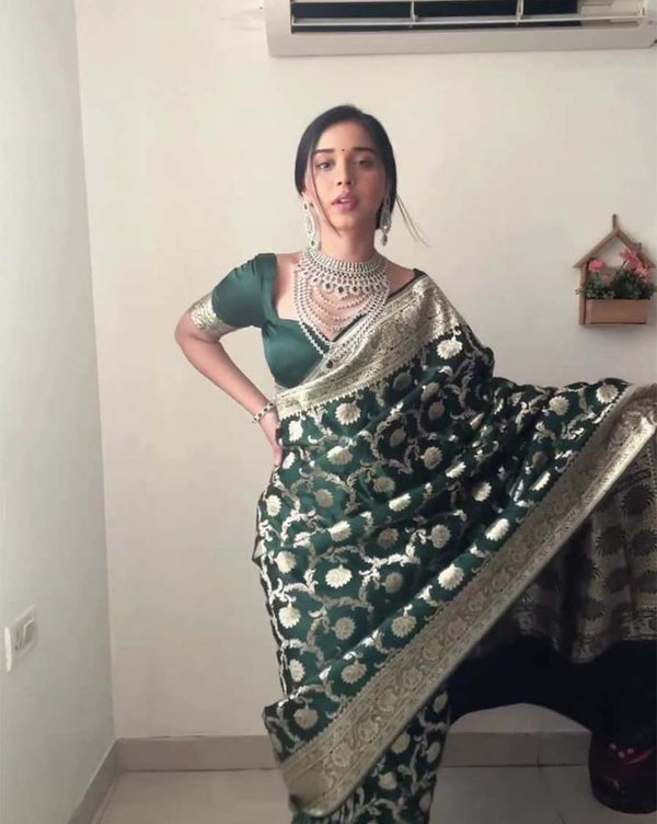 Green Color Ready to Wear New Collection Soft Banarasi Silk Saree with Golden Zari Work
