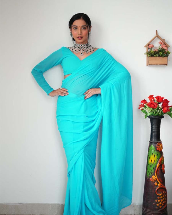Bottle Green Color 1-Minute Ready To Wear Georgette Saree With Blouse Piece