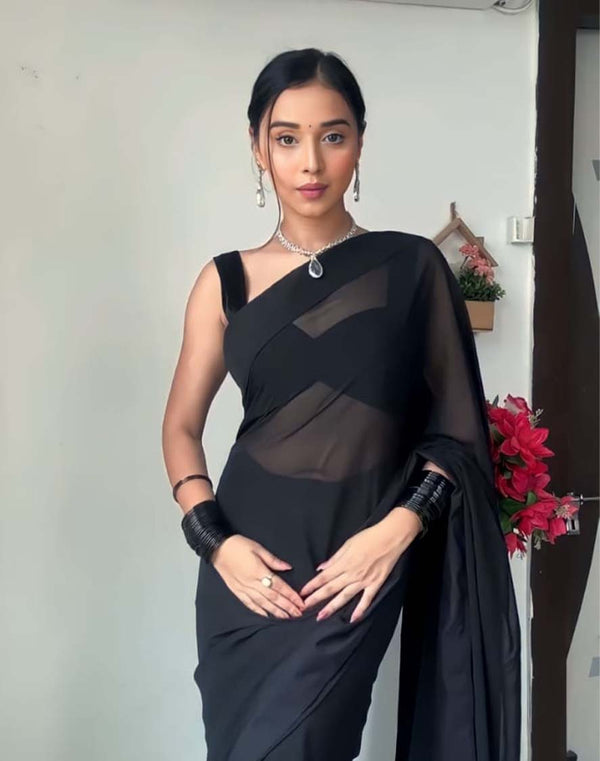 Black Color 1-Minute Ready To Wear Georgette Saree With Blouse Piece