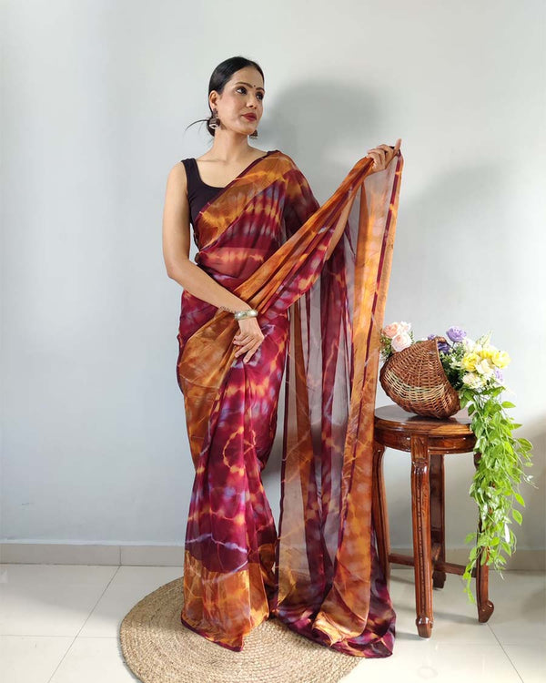 Maroon  Color 1-Minute Ready To Wear Georgette Saree With Blouse Piece